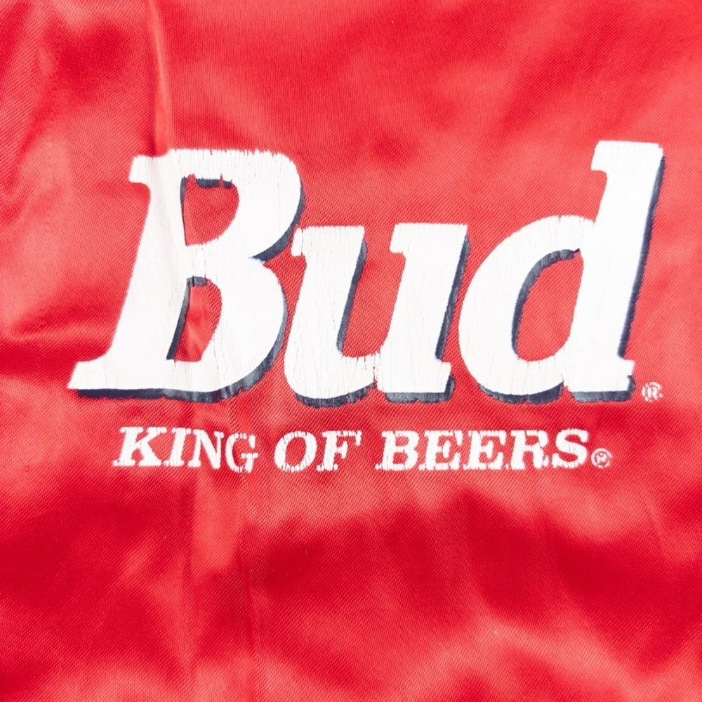 Budweiser Satin Bowling Racing Jacket Mens Medium Red Good Vintage Bud King Beer - Picture 2 of 9